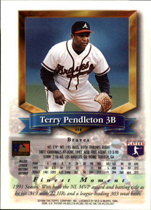 1994 Finest #118 Terry Pendleton back image