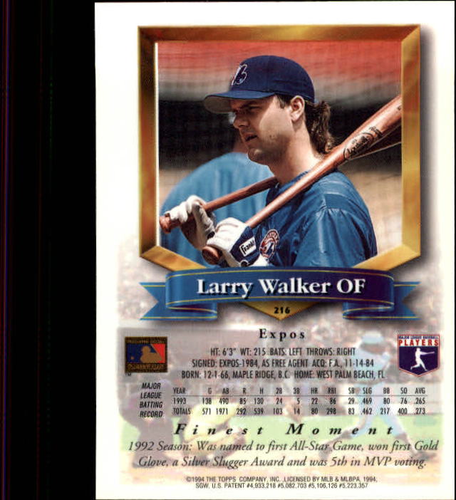 1994 Finest #216 Larry Walker FIN back image