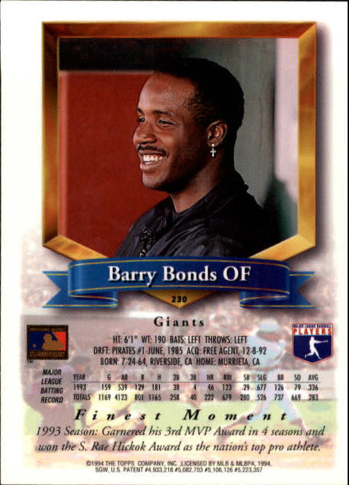 1994 Finest #230 Barry Bonds FIN back image