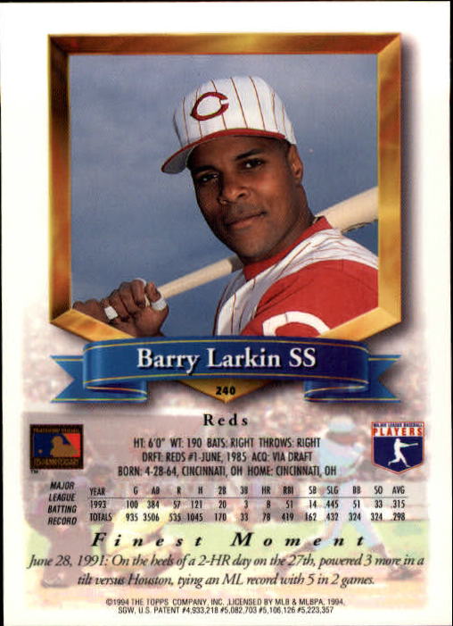 1994 Finest #240 Barry Larkin FIN back image
