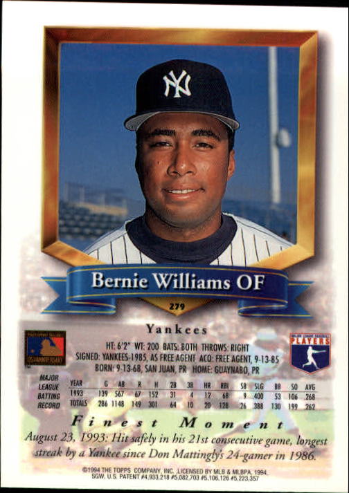 1994 Finest #279 Bernie Williams back image