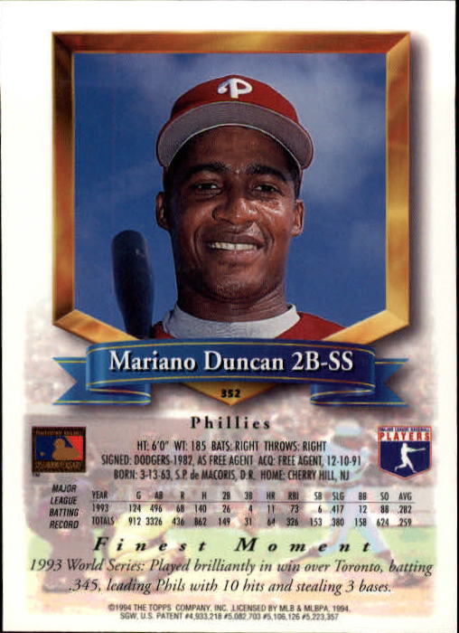 1994 Finest #352 Mariano Duncan back image