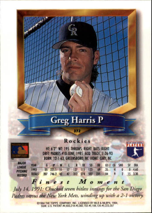 1994 Finest #372 Greg A. Harris back image