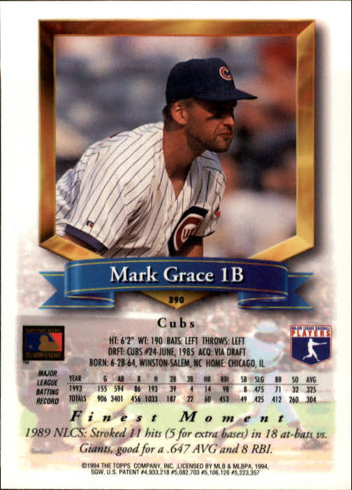 1994 Finest #390 Mark Grace back image