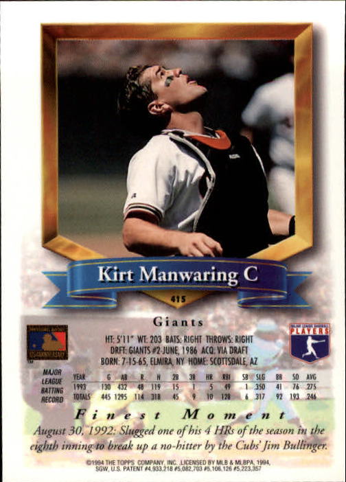 1994 Finest #415 Kirt Manwaring back image