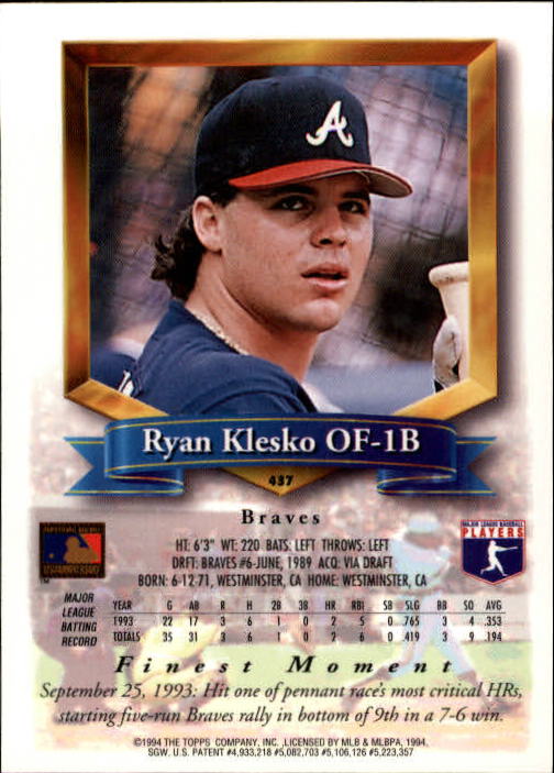 1994 Finest #437 Ryan Klesko FIN back image