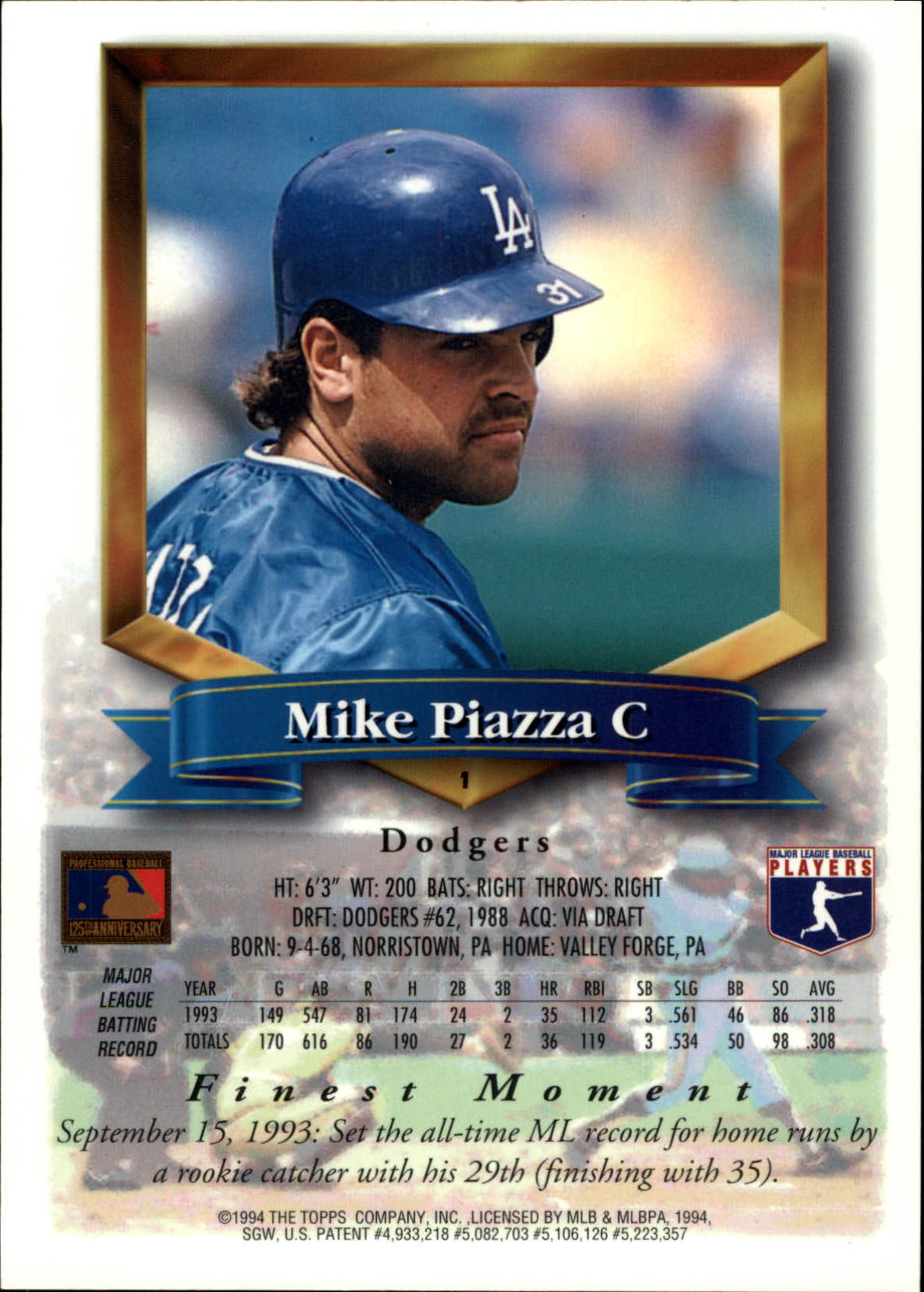 1994 Finest Jumbos #1 Mike Piazza back image