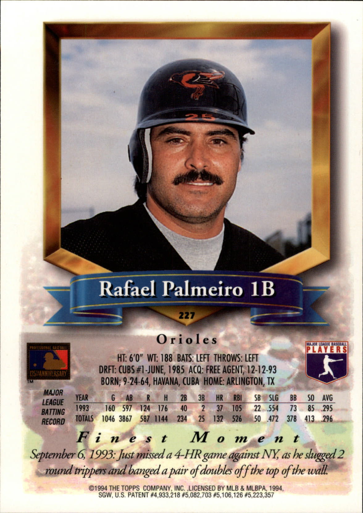1994 Finest Jumbos #227 Rafael Palmeiro back image