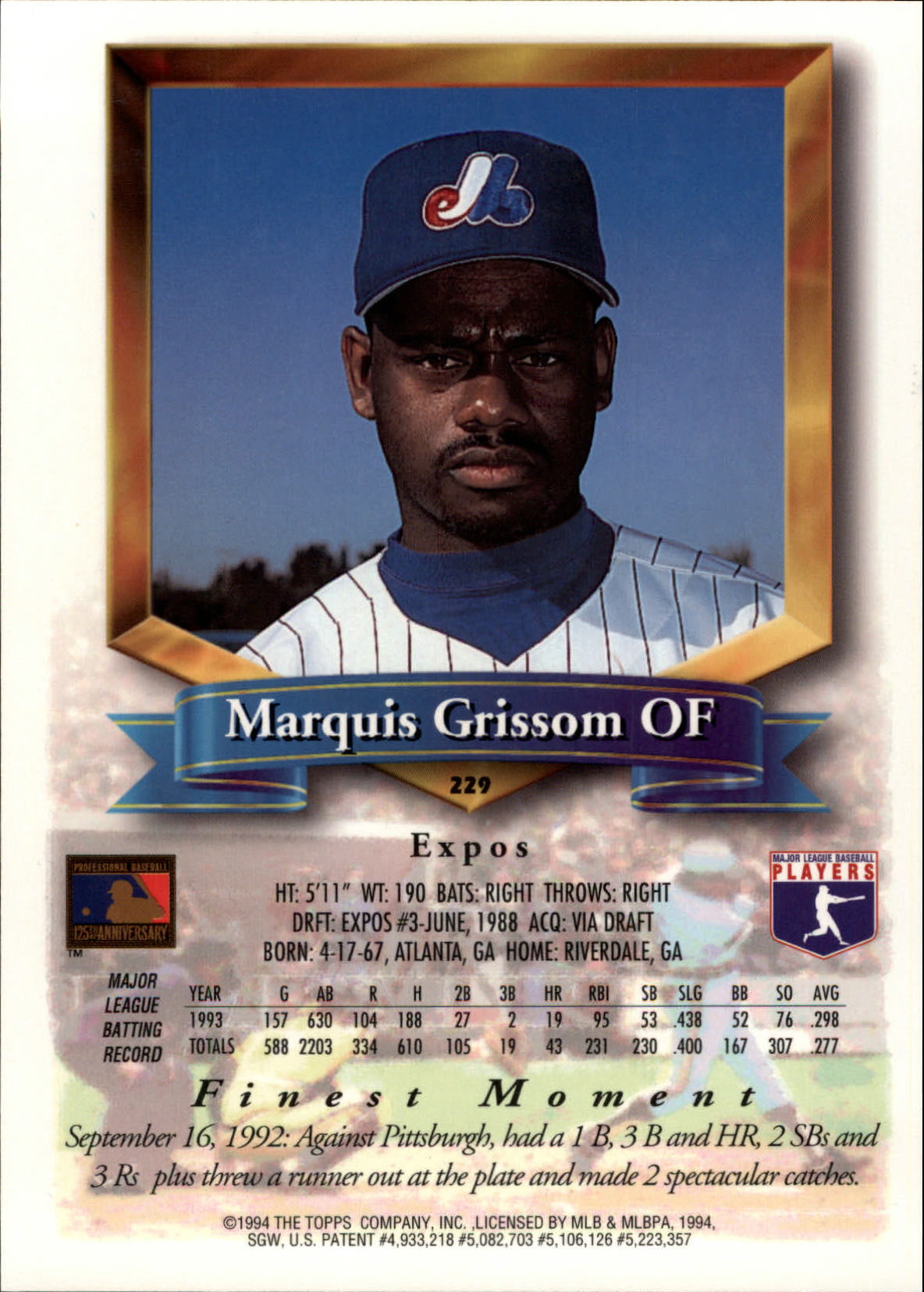 1994 Finest Jumbos #229 Marquis Grissom back image