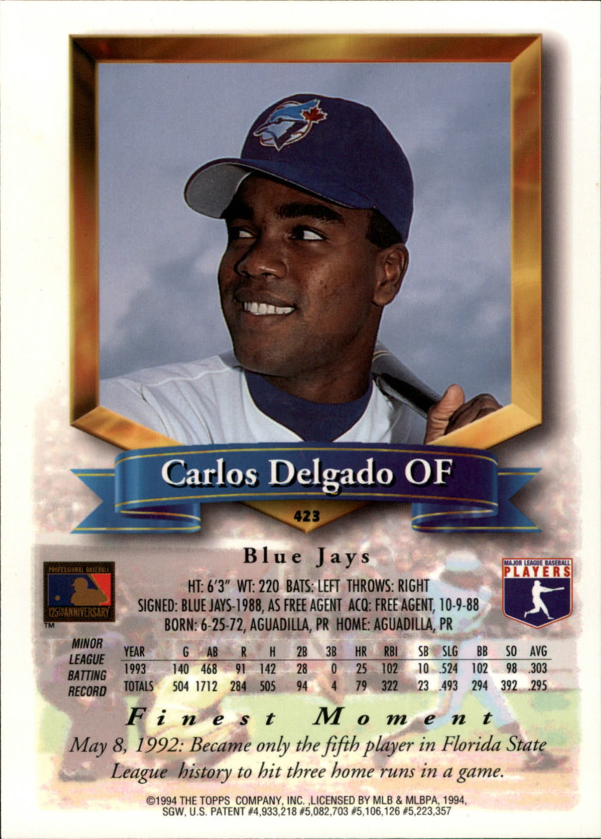 1994 Finest Jumbos #423 Carlos Delgado back image