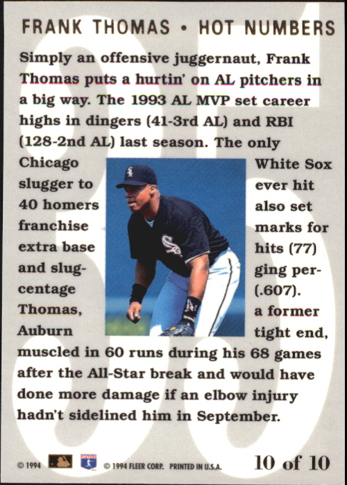 1994 Flair Hot Numbers #10 Frank Thomas back image