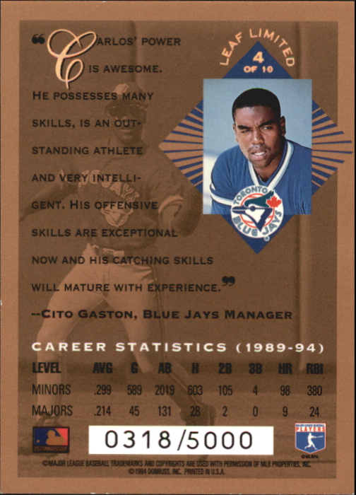 1994 Leaf Limited Rookies Phenoms #4 Carlos Delgado back image