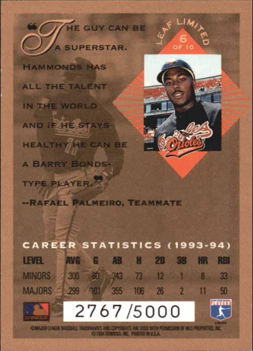 1994 Leaf Limited Rookies Phenoms #6 Jeffrey Hammonds back image