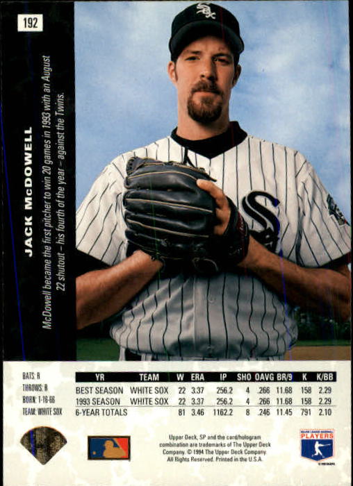 1994 SP #192 Jack McDowell back image