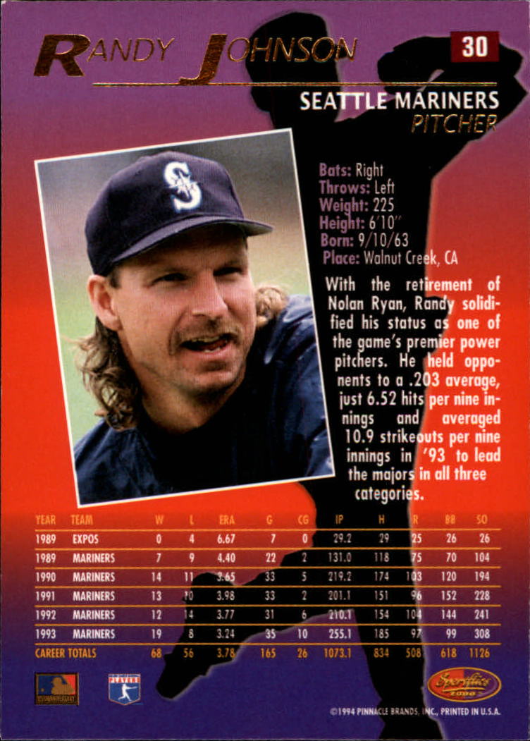 1994 Sportflics #30 Randy Johnson back image