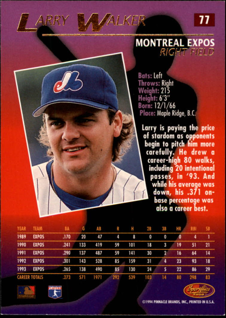 1994 Sportflics #77 Larry Walker back image