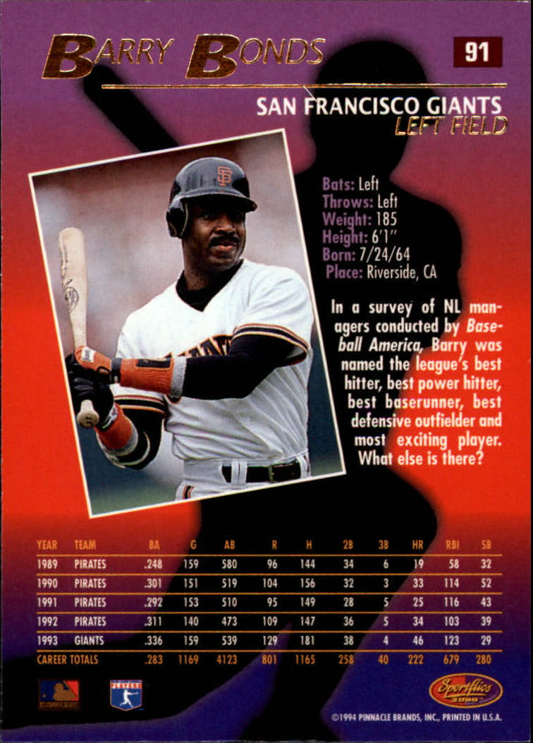 1994 Sportflics #91 Barry Bonds back image