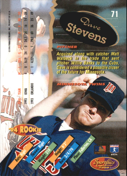 1994 Sportflics Rookie/Traded Artist's Proofs #71 Dave Stevens back image