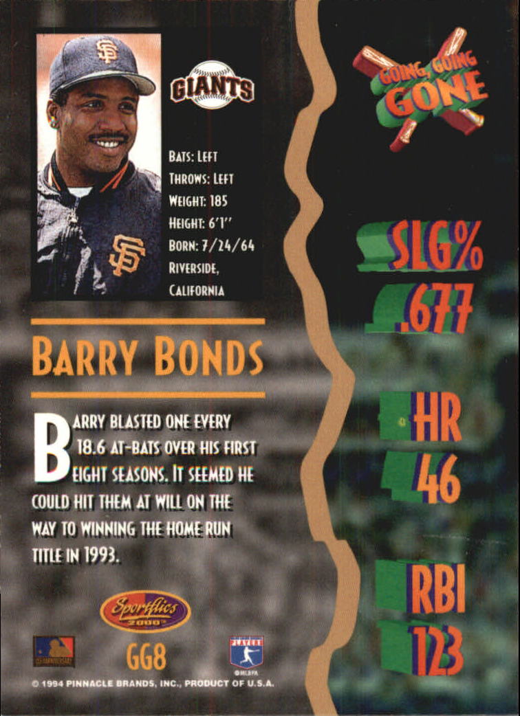 1994 Sportflics Rookie/Traded Going Going Gone #GG8 Barry Bonds back image