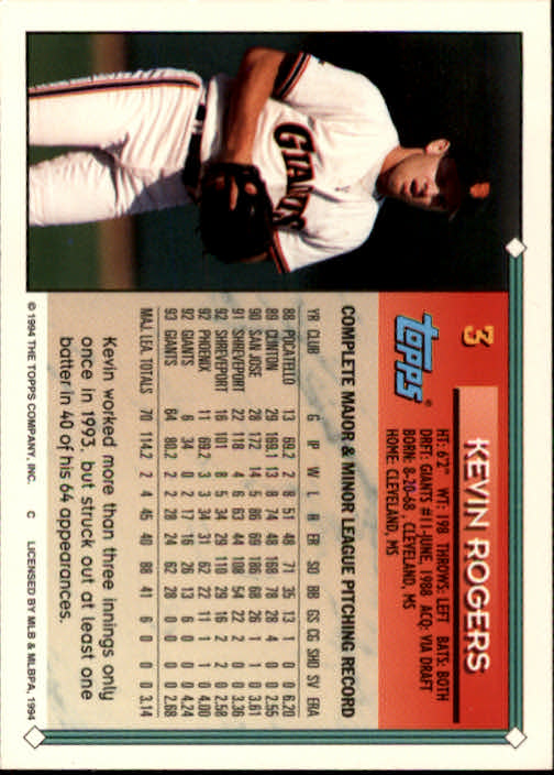 1994 Topps #3 Kevin Rogers back image