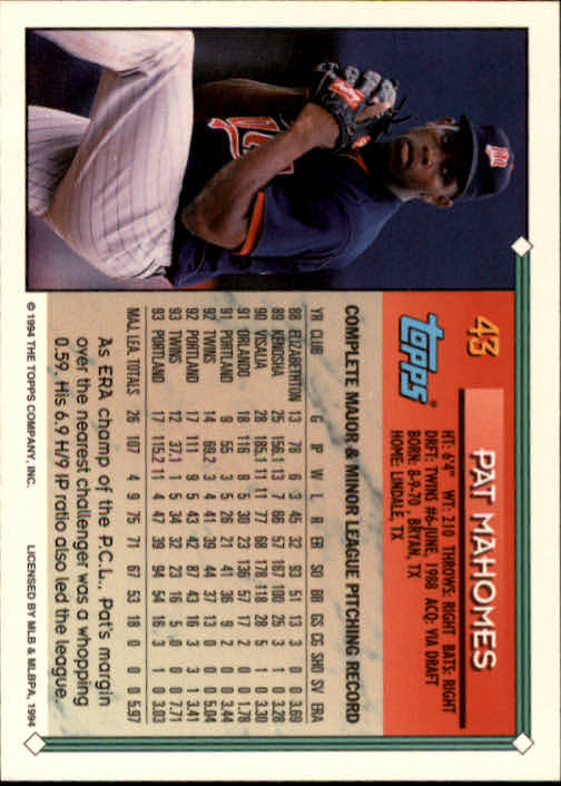 : Baseball MLB 1994 Topps Spanish (Bilingual) #43 Pat Mahomes -  Twins : Collectibles & Fine Art