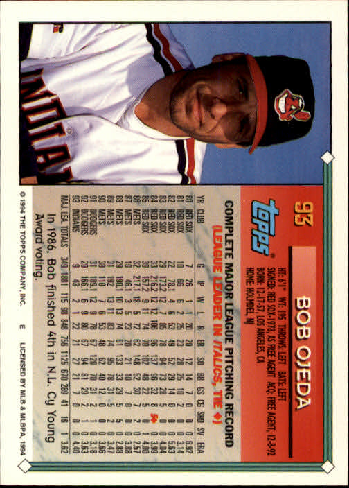 1994 Topps #93 Bob Ojeda back image