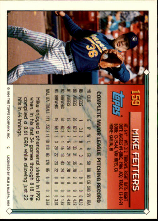 1994 Topps #159 Mike Fetters back image