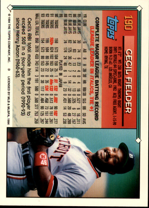 1994 Topps #190 Cecil Fielder back image
