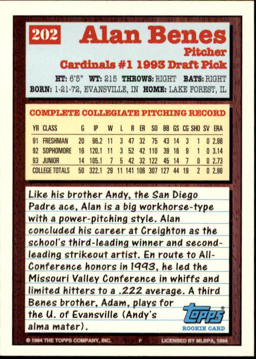 1994 Topps #202 Alan Benes RC back image