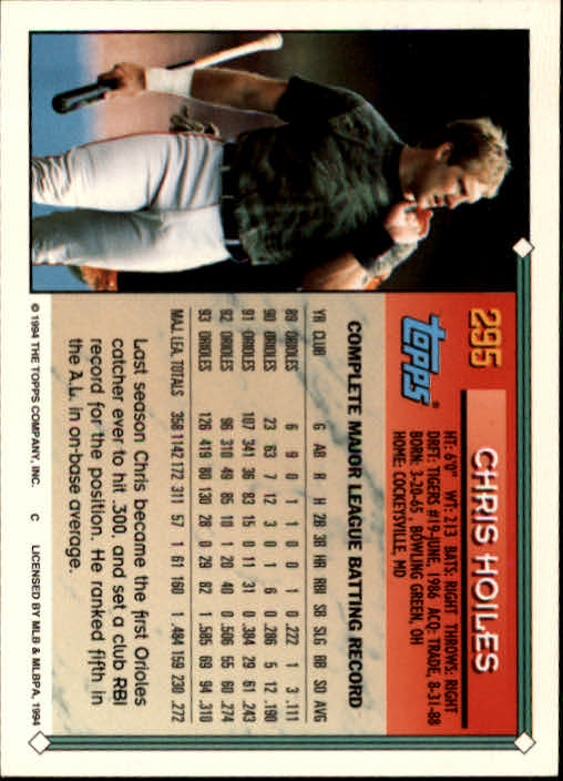 1994 Topps #295 Chris Hoiles back image