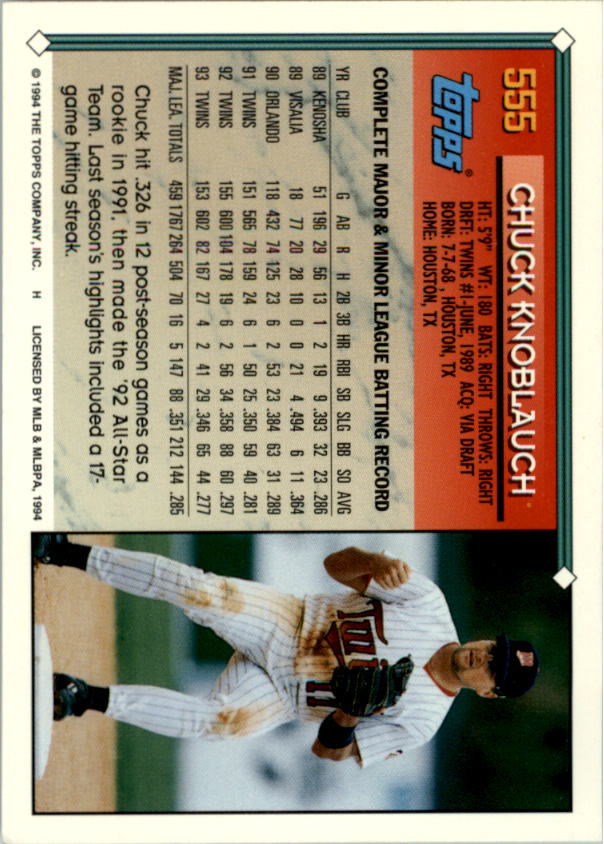 1994 Topps #555 Chuck Knoblauch back image