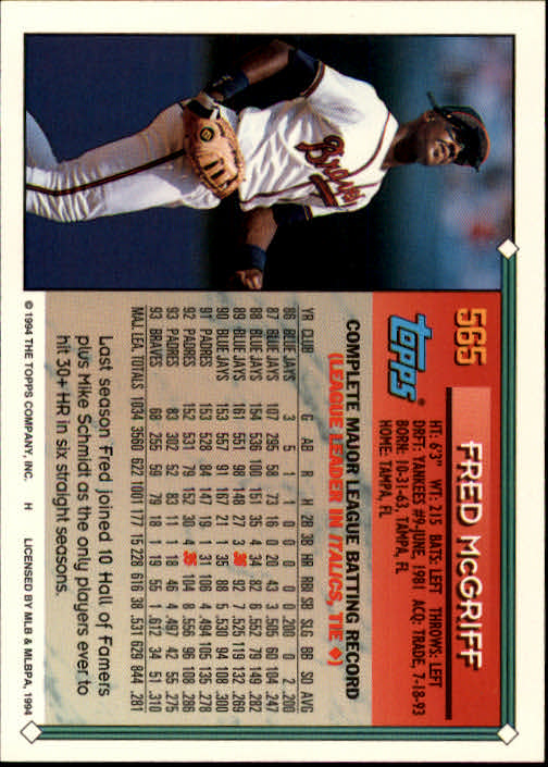 1994 Topps #565 Fred McGriff back image