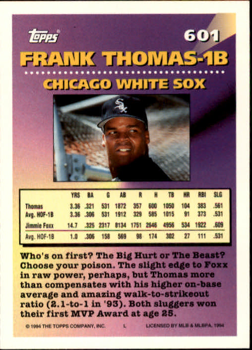 1994 Topps #601 Frank Thomas MOG back image