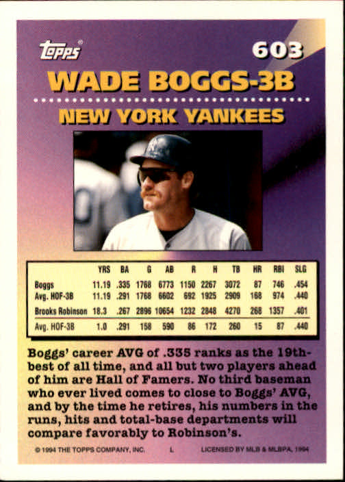 1994 Topps #603 Wade Boggs MOG back image