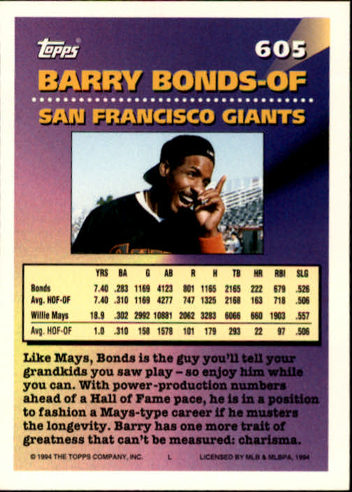 1994 Topps #605 Barry Bonds MOG back image