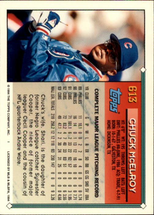 1994 Topps #613 Chuck McElroy back image