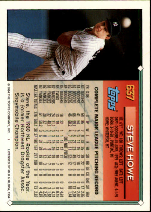 1994 Topps #637 Steve Howe back image