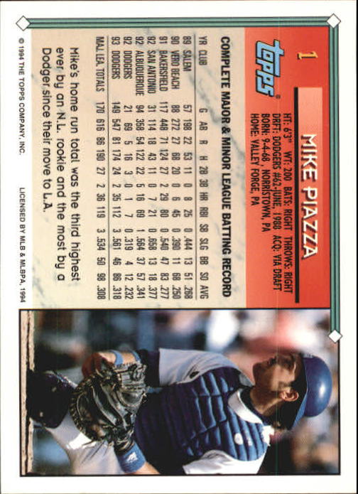 1994 Topps Gold #1 Mike Piazza back image