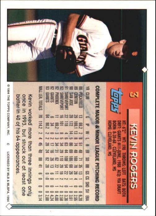 1994 Topps Gold #3 Kevin Rogers back image