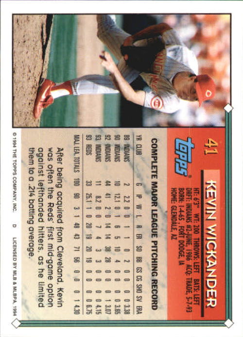 1994 Topps Gold #41 Kevin Wickander back image