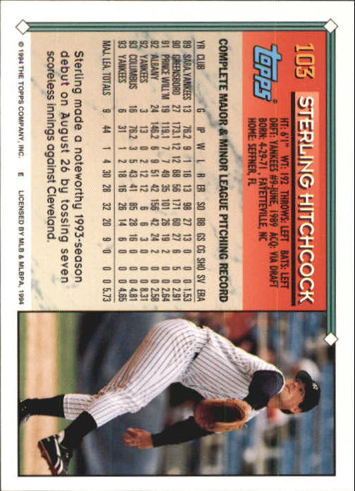 1994 Topps Gold #103 Sterling Hitchcock back image