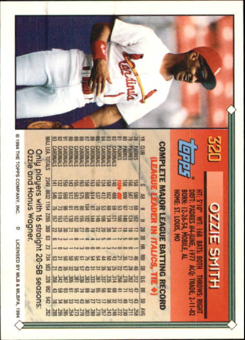 1994 Topps Gold #320 Ozzie Smith back image