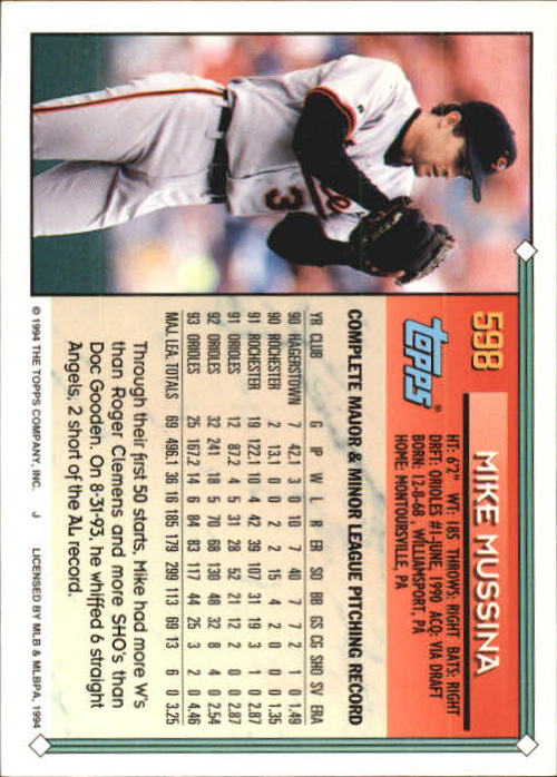 1994 Topps Gold #598 Mike Mussina back image