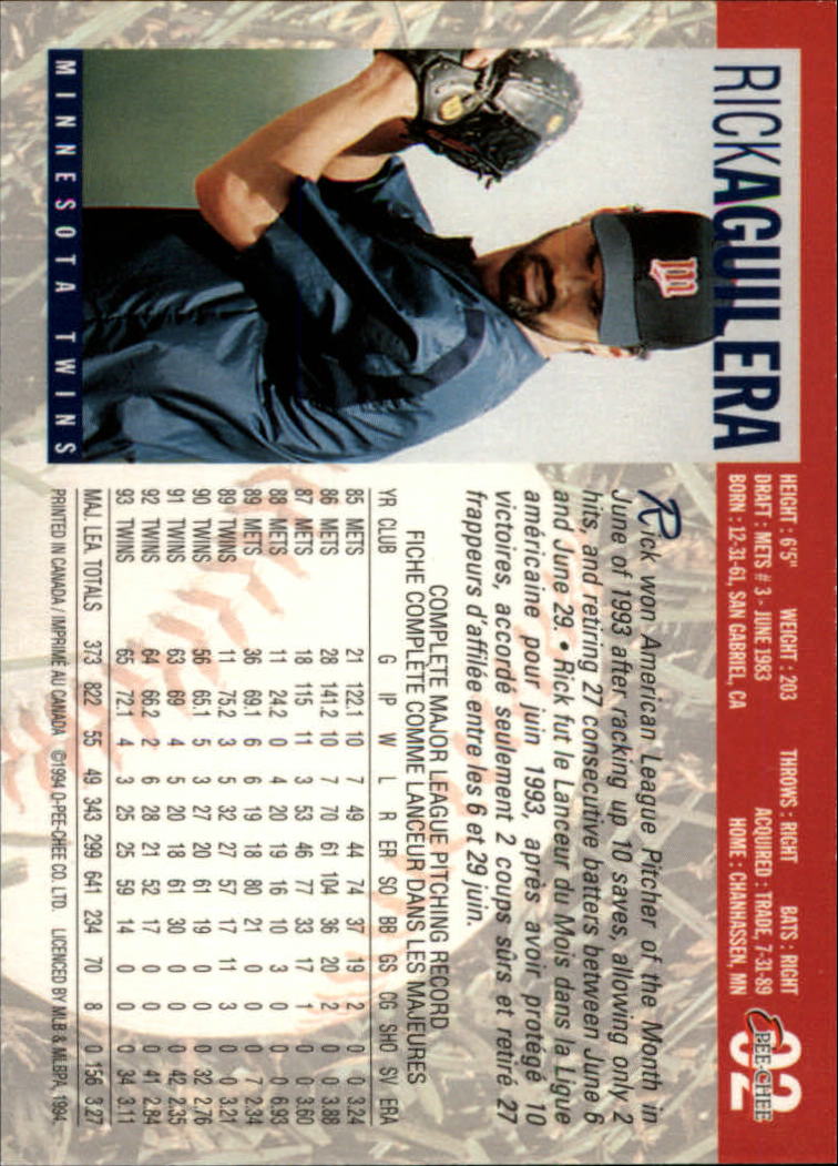 1994 O-Pee-Chee #92 Rick Aguilera back image