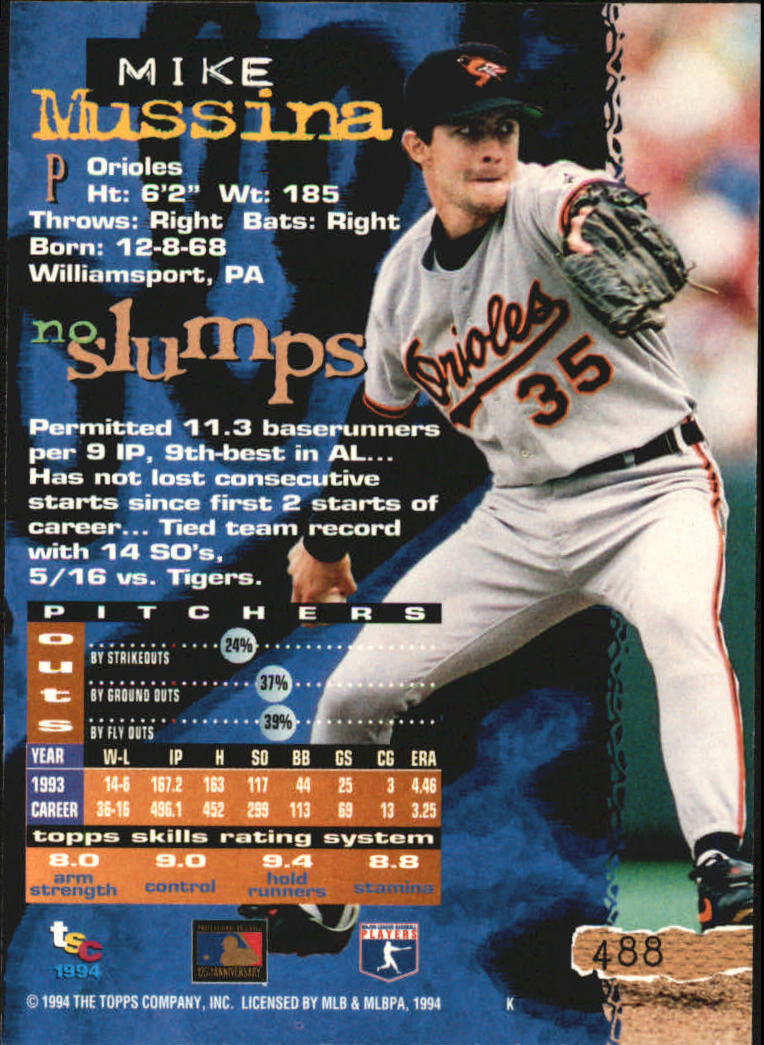1994 Stadium Club Members Only Parallel #488 Mike Mussina back image