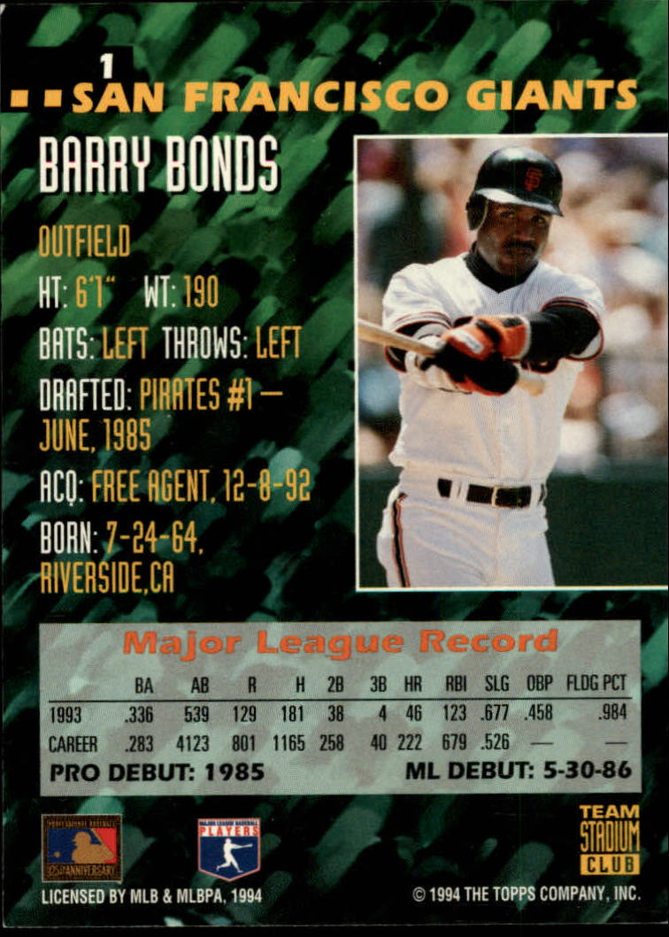 1994 Stadium Club Team #1 Barry Bonds back image