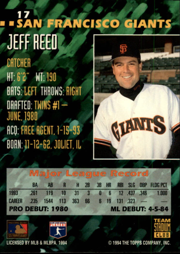 1994 Stadium Club Team #17 Jeff Reed back image