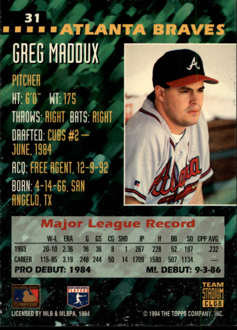 1994 Stadium Club Team #31 Greg Maddux back image