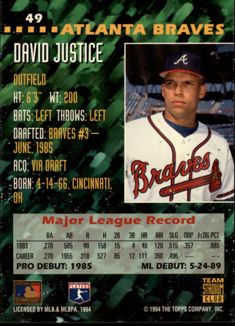 1994 Stadium Club Team #49 David Justice back image