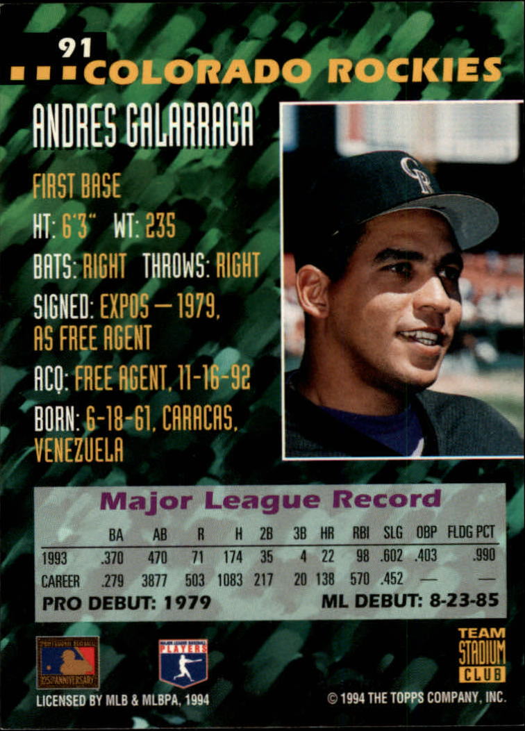1994 Stadium Club Team #91 Andres Galarraga back image